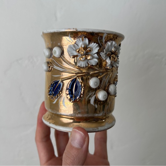 Antique Porcelain gilded German Back-stamp Lusterware Shaving Mug flowers vine - Picture 7 of 13